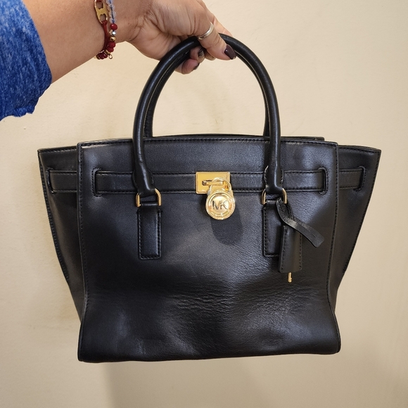 Michael Kors Hamilton Black Leather Satchel Bag  with Gold Hardware - Picture 11 of 15